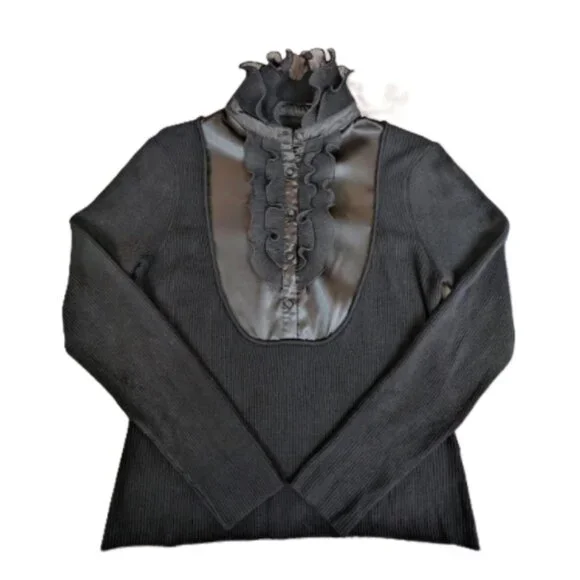 57 Collection Women's Ribbed Sweater With Ruffle and Silk Front Panel - Picture 10 of 10